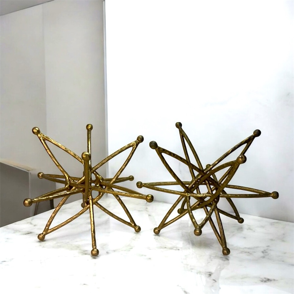 Set Of 2 Gold Metal Geometric Star Atom Orb Sculptures Table Top Home Decor MCM